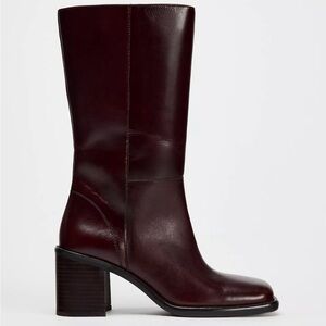 ZARA NWT Mid-Calf Leather Boots in Dark Burgundy Brown